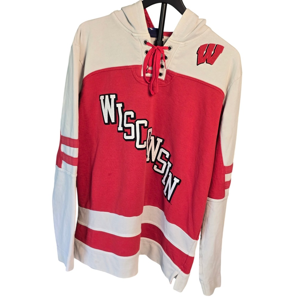 Champion Wisconsin Badgers Lace Up Hockey Hoodie Red White Mens Lg Retro Sporty